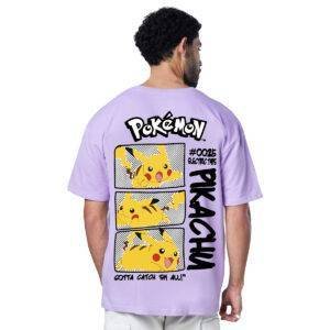 Printsflix Pikachu Pokemon Drop Shoulder Pure Cotton Round Neck Lavender Oversized Tshirt -Unisex