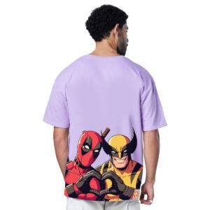 Printsflix Deadpool Wolverine Drop Shoulder Pure Cotton Round Neck Lavender Oversized Tshirt -Unisex