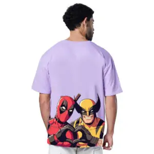 Printsflix Deadpool Wolverine Drop Shoulder Pure Cotton Round Neck Lavender Oversized Tshirt -Unisex