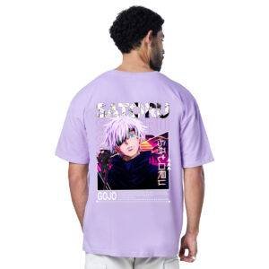 Printsflix Gojo Satoru Drop Shoulder Pure Cotton Round Neck Lavender Oversized Tshirt -Unisex