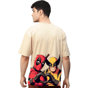 Deadpool Wolverine Beige Printed Pure Cotton Round Neck Drop shoulder Baggy Fit Oversized Tshirt Unisex