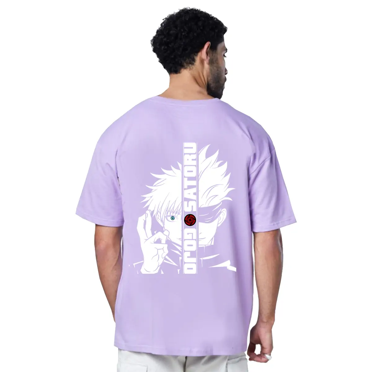 Printsflix Trendy Gojo Satoru Drop Shoulder Pure Cotton Round Neck Lavender Oversized Tshirt -Unisex