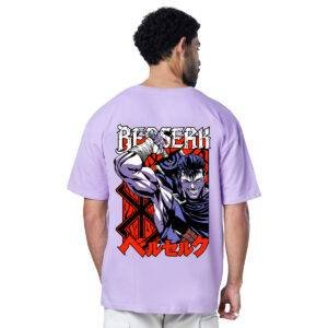 Printsflix Trendy Berserk Anime Drop Shoulder Pure Cotton Round Neck Lavender Oversized Tshirt -Unisex