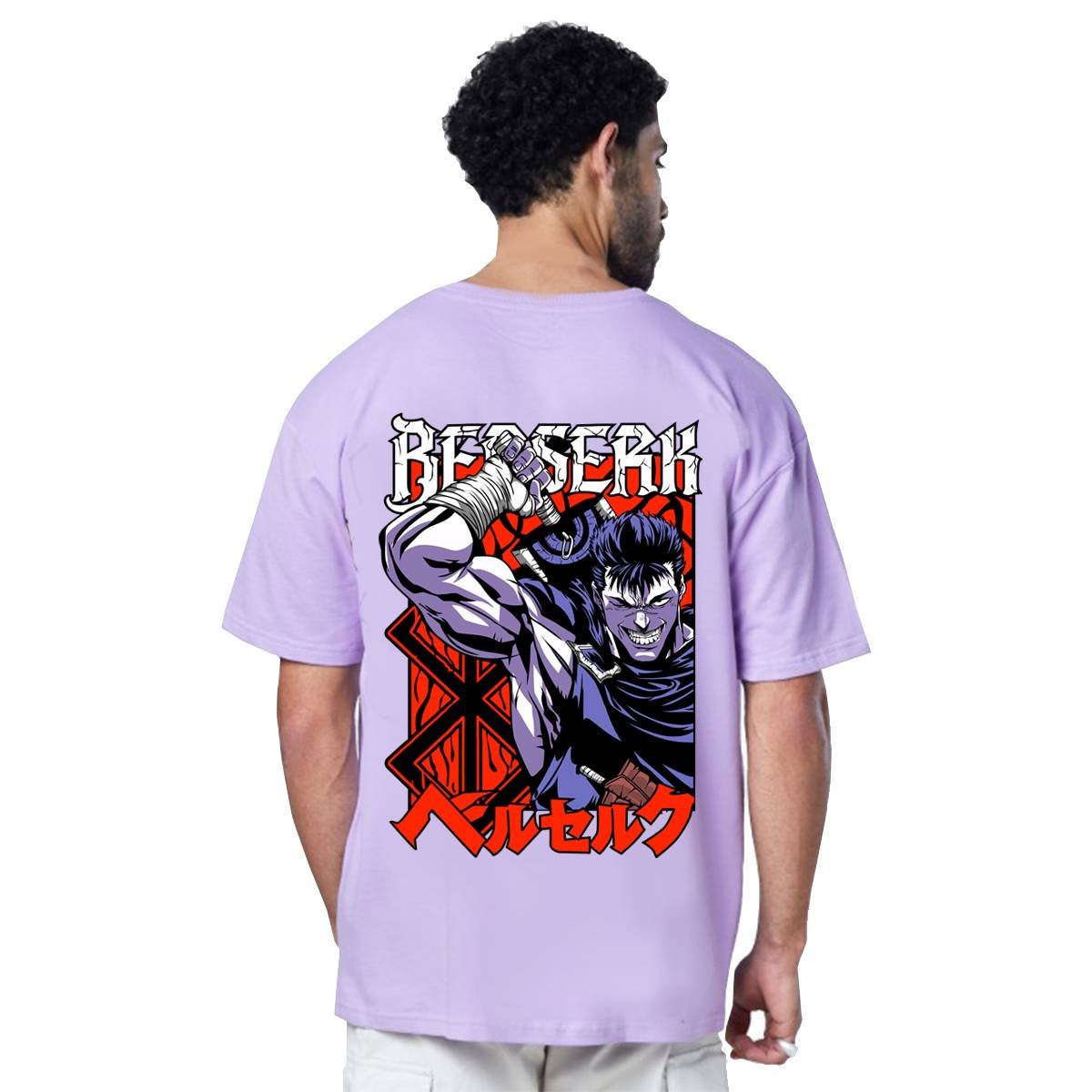Printsflix Trendy Berserk Anime Drop Shoulder Pure Cotton Round Neck Lavender Oversized Tshirt -Unisex