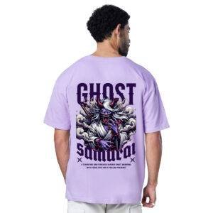 Printsflix Ghost Samurai Drop Shoulder Pure Cotton Round Neck Lavender Oversized Tshirt -Unisex