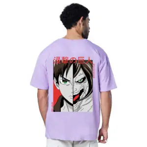 Printsflix Drop Shoulder Anime Printed Pure Cotton Round Neck Lavender Oversized Tshirt - For Men/Women/Kids