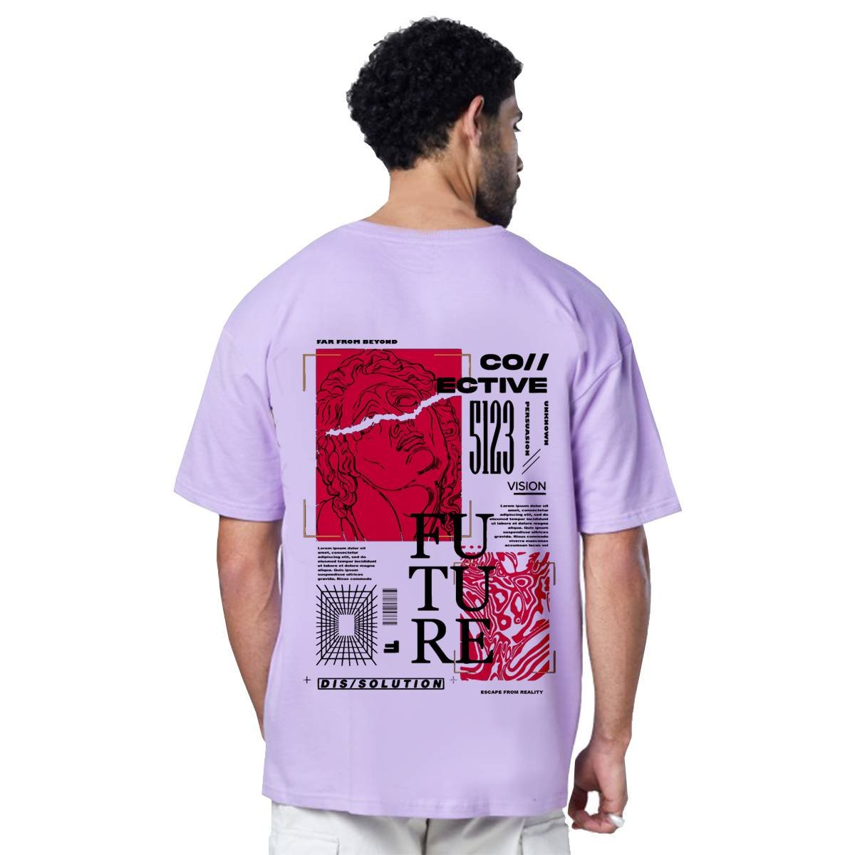 Printsflix Future Printed Drop Shoulder Pure Cotton Round Neck Lavender Oversized Tshirt - For Men/Women/Kids