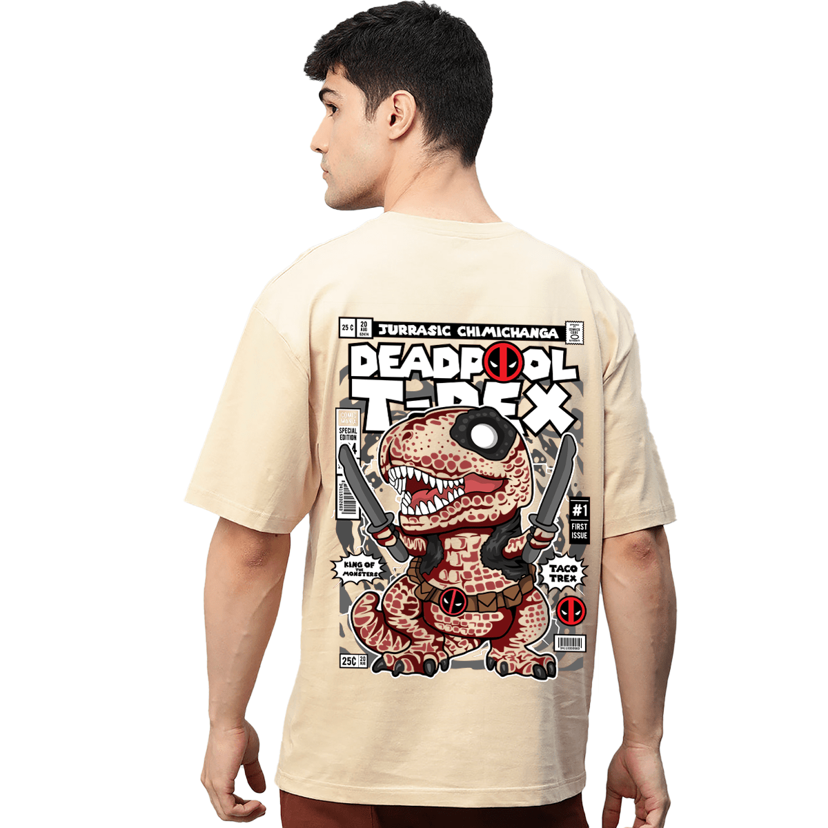 Deadpool T-Rex Beige Printed Pure Cotton Round Neck Drop shoulder Baggy Fit Oversized Tshirt Unisex