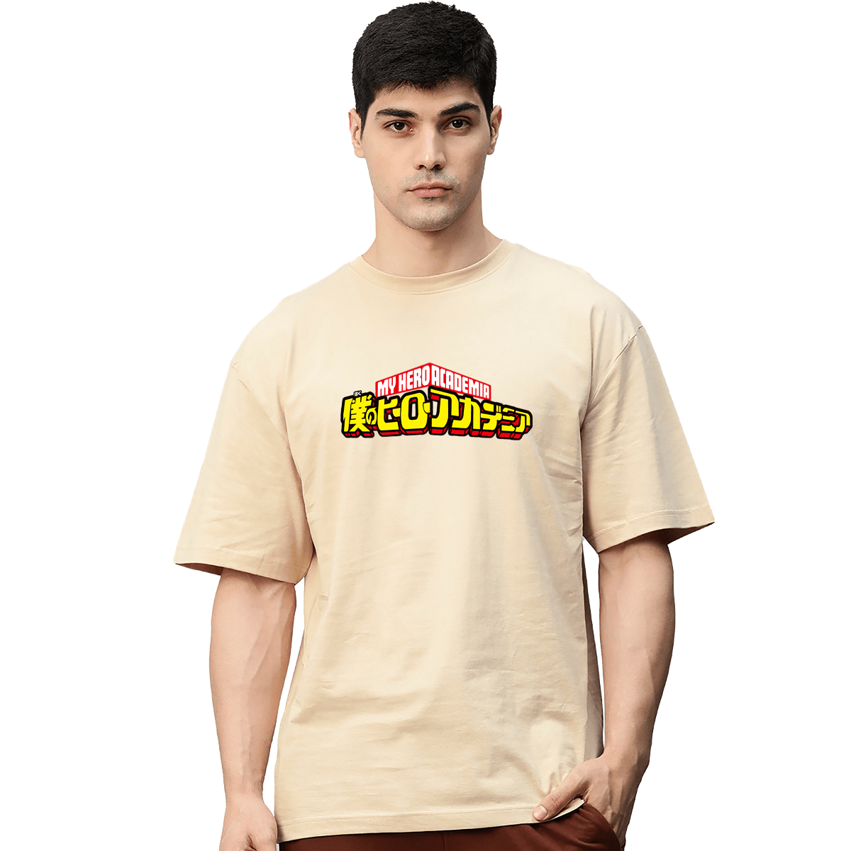My Hero Academia Anime Beige Printed Pure Cotton Round Neck Drop shoulder Baggy Fit Oversized Tshirt Unisex - Image 2