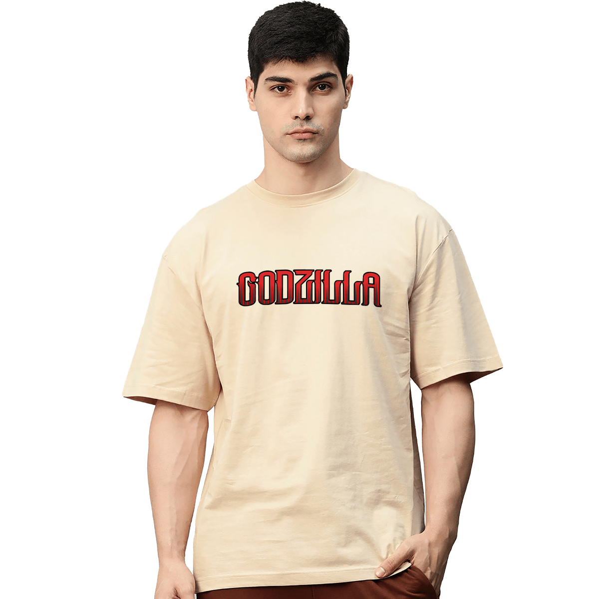 Godzilla Beige Printed Pure Cotton Round Neck Drop shoulder Baggy Fit Oversized Tshirt Unisex - Image 2