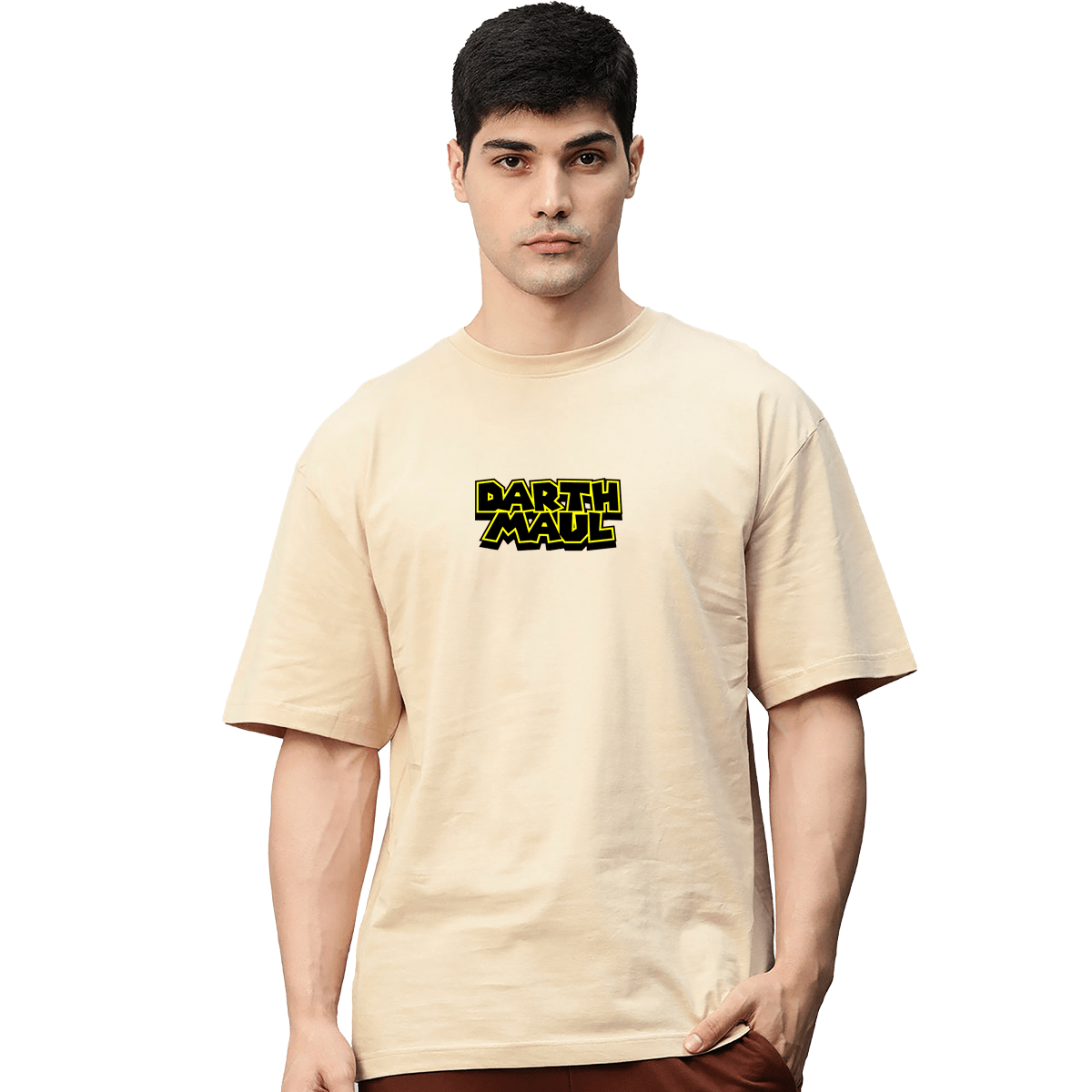 Darth Maul Beige Printed Pure Cotton Round Neck Drop shoulder Baggy Fit Oversized Tshirt Unisex - Image 2