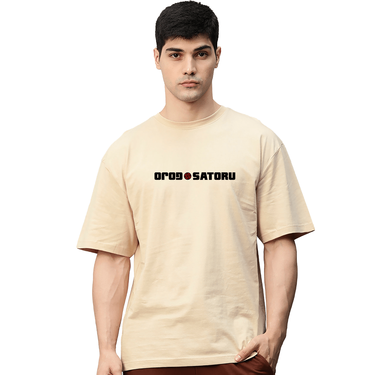 Gojo Satoru Jujutsu Kaisen Anime Beige Printed Pure Cotton Round Neck Drop shoulder Baggy Fit Oversized Tshirt Unisex - Image 2