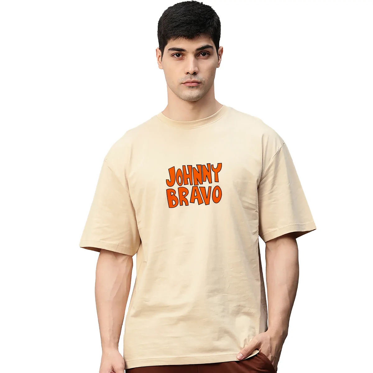 Johnny Bravo Beige Printed Pure Cotton Round Neck Drop shoulder Baggy Fit Oversized Tshirt Unisex - Image 2