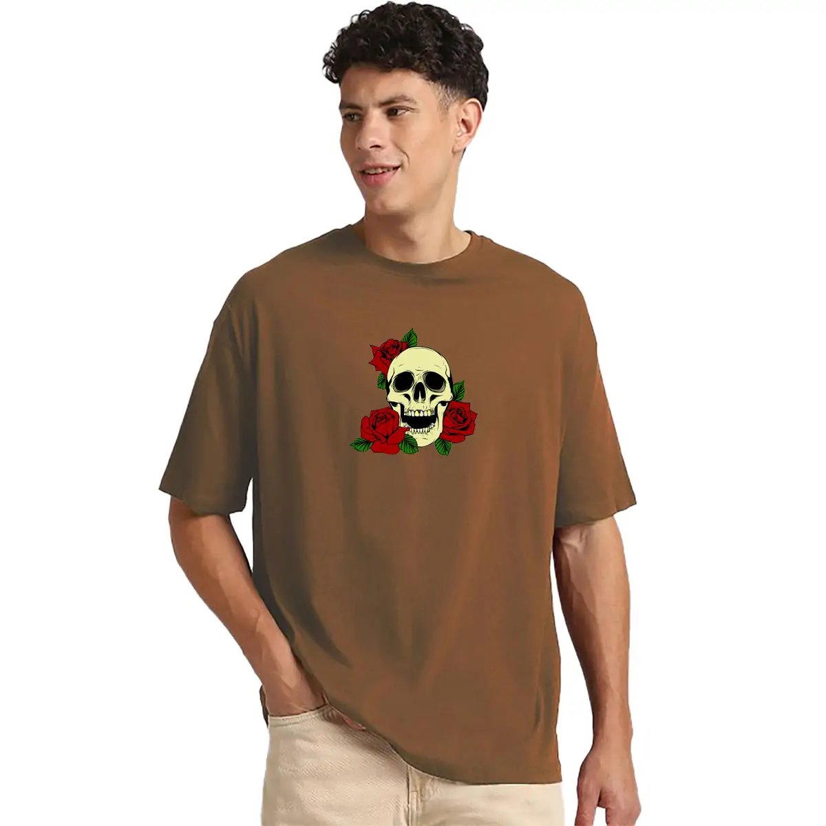 Printsflix Printed Pure Cotton Round Neck Drop shoulder Loose Fit Brown Oversized Tshirt -Unisex - Image 2