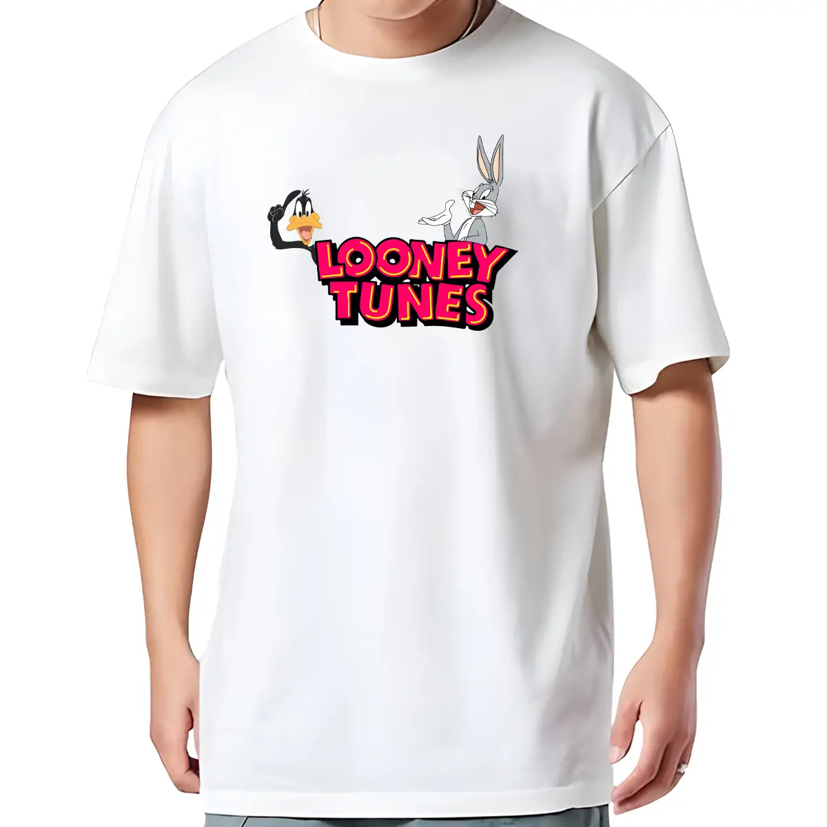 Printsflix Looney Tunes Printed Pure Cotton Round Neck Drop Shoulder Baggy Fit White Oversized Tshirt -Unisex - Image 2