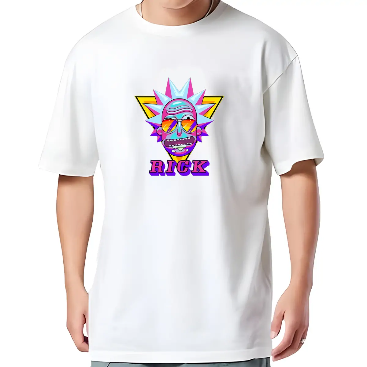 Printsflix Rick And Morty Printed Pure Cotton Round Neck Drop Shoulder Baggy Fit White Oversized Tshirt -Unisex - Image 2