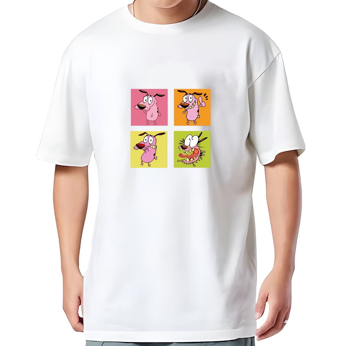 Printsflix Courage The Cowardly Dog Printed Pure Cotton Round Neck Drop Shoulder Baggy Fit White Oversized Tshirt -Unisex - Image 2