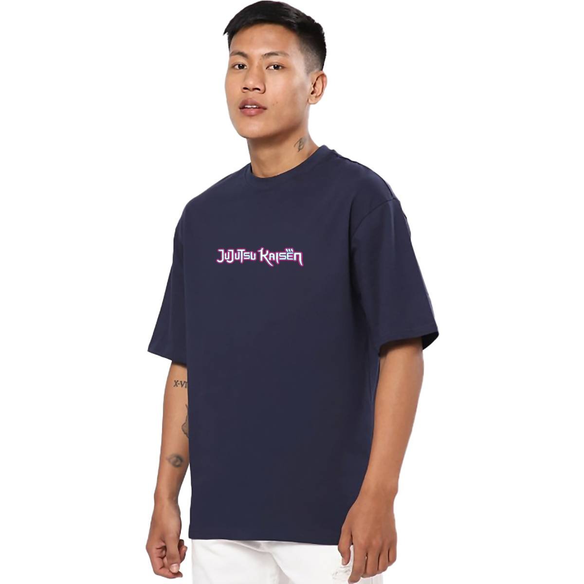 Printsflix Trendy Jujutsu Kaisen Anime Print Pure Cotton Round Neck Drop shoulder Dark Blue Oversized Tshirt -Unisex - Image 2