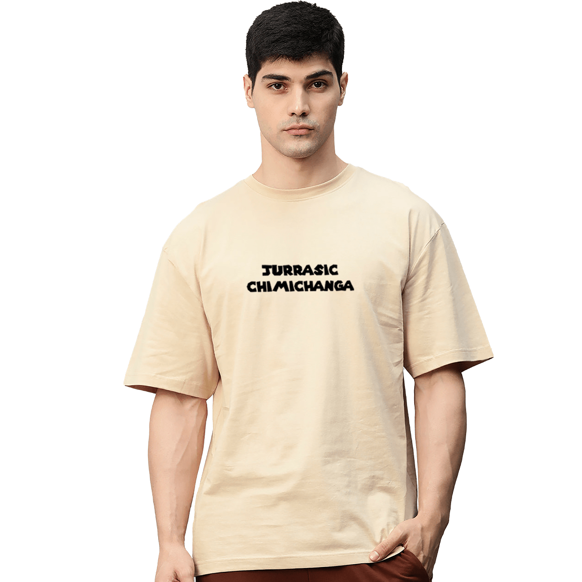 Deadpool T-Rex Beige Printed Pure Cotton Round Neck Drop shoulder Baggy Fit Oversized Tshirt Unisex - Image 2