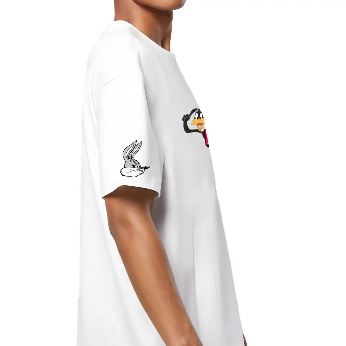 Printsflix Looney Tunes Printed Pure Cotton Round Neck Drop Shoulder Baggy Fit White Oversized Tshirt -Unisex - Image 4