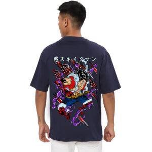 Printsflix Trendy Anime Printed Pure Cotton Round Neck Drop shoulder loose fit Dark Blue Oversized Tshirt -Unisex