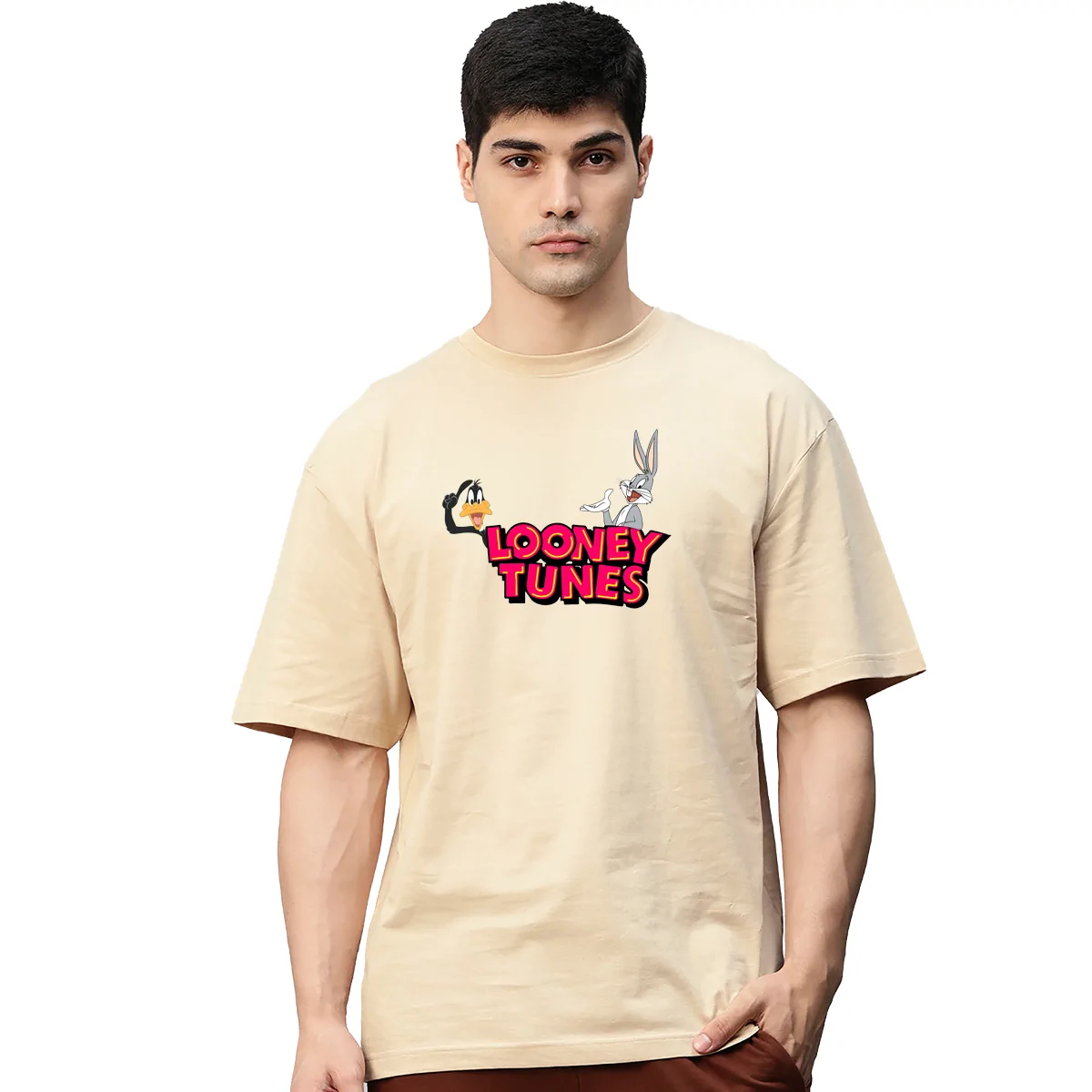 Looney Tunes Beige Printed Pure Cotton Round Neck Drop shoulder Baggy Fit Oversized Tshirt Unisex - Image 2