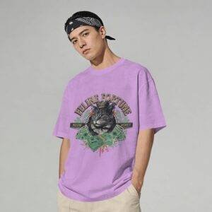 Printsflix Lavender Feline Fortune Printed Drop Shoulder Pure Cotton Round Neck Lavender Oversized Tshirt - For Men/Women/Kids