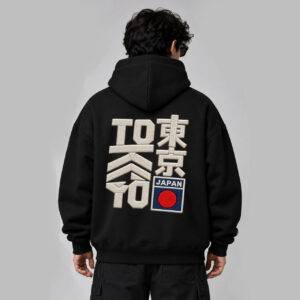Printsflix Tokyo Typography Printed Oversized Hoodie Black